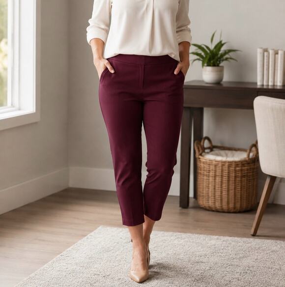Tribal Pants - Tribal Women's Pull On Crop Pants Burgundy Stretch Career Casual Size 18W